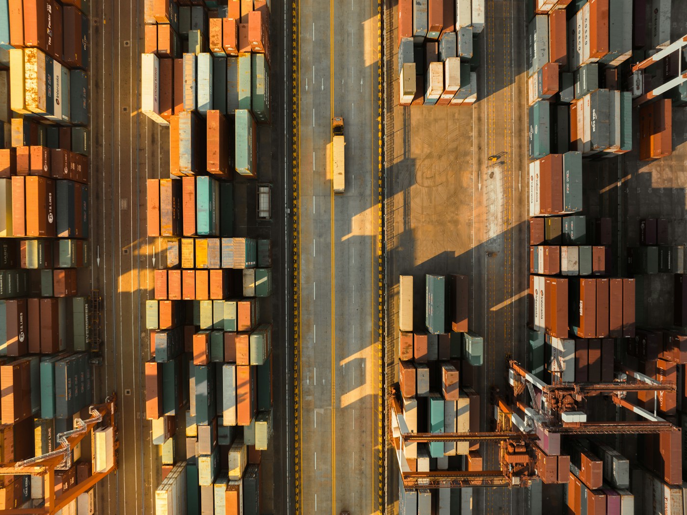 Shipping containers and port equipment viewed from above in Shenzhen, China